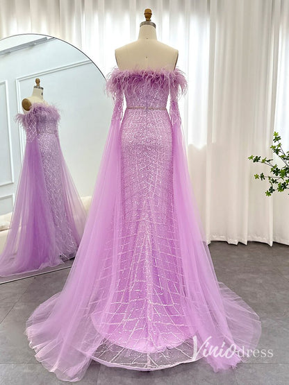 Beaded Mermaid Evening Dresses Extra Long Sleeve Pageant Dress AD1160-Evening Dresses 2025 -Viniodress-Lilac-US 2-