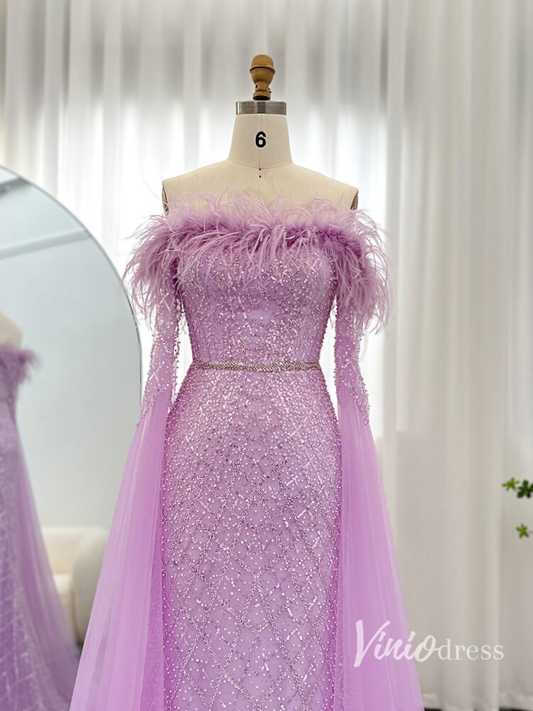 Beaded Mermaid Evening Dresses Extra Long Sleeve Pageant Dress AD1160-Evening Dresses 2025 -Viniodress-Lilac-US 2-