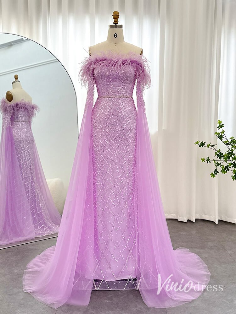 Beaded Mermaid Evening Dresses Extra Long Sleeve Pageant Dress AD1160-Evening Dresses 2025 -Viniodress-Lilac-US 2-