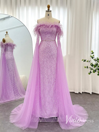 Beaded Mermaid Evening Dresses Extra Long Sleeve Pageant Dress AD1160-Evening Dresses 2025 -Viniodress-Lilac-US 2-