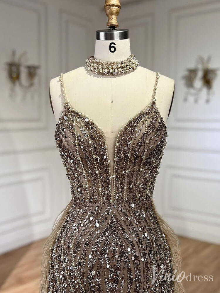 Beaded Mermaid Feather Prom Dresses 1920s Evening Dress Spaghetti Strap 20067-Evening Dresses 2025 -Viniodress-As Picture-US 2-