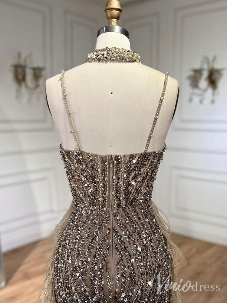 Beaded Mermaid Feather Prom Dresses 1920s Evening Dress Spaghetti Strap 20067-Evening Dresses 2025 -Viniodress-As Picture-US 2-