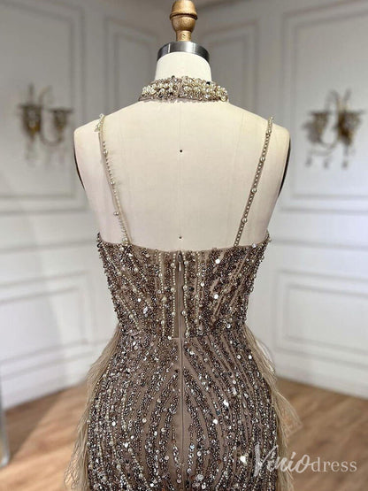 Beaded Mermaid Feather Prom Dresses 1920s Evening Dress Spaghetti Strap 20067-Evening Dresses 2025 -Viniodress-As Picture-US 2-
