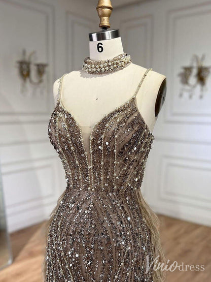 Beaded Mermaid Feather Prom Dresses 1920s Evening Dress Spaghetti Strap 20067-Evening Dresses 2025 -Viniodress-As Picture-US 2-