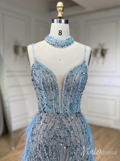 Beaded Mermaid Feather Prom Dresses 1920s Evening Dress Spaghetti Strap 20067-Evening Dresses 2025 -Viniodress-As Picture-US 2-
