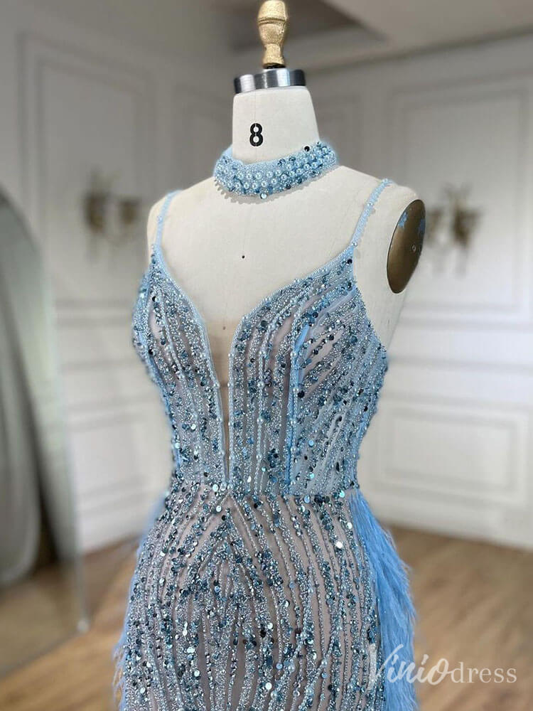 Beaded Mermaid Feather Prom Dresses 1920s Evening Dress Spaghetti Strap 20067-Evening Dresses 2025 -Viniodress-As Picture-US 2-