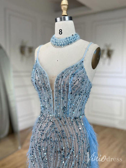 Beaded Mermaid Feather Prom Dresses 1920s Evening Dress Spaghetti Strap 20067-Evening Dresses 2025 -Viniodress-As Picture-US 2-