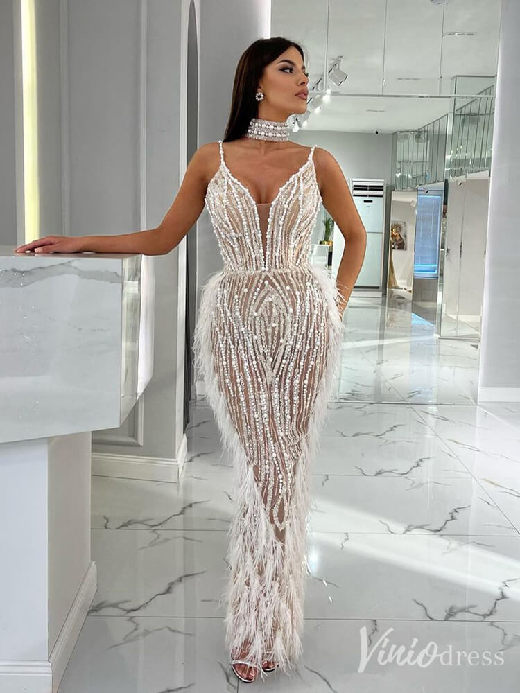 Beaded Mermaid Feather Prom Dresses 1920s Evening Dress Spaghetti Strap 20067-Evening Dresses 2025 -Viniodress-As Picture-US 2-
