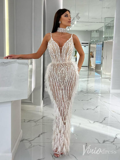 Beaded Mermaid Feather Prom Dresses 1920s Evening Dress Spaghetti Strap 20067-Evening Dresses 2025 -Viniodress-As Picture-US 2-
