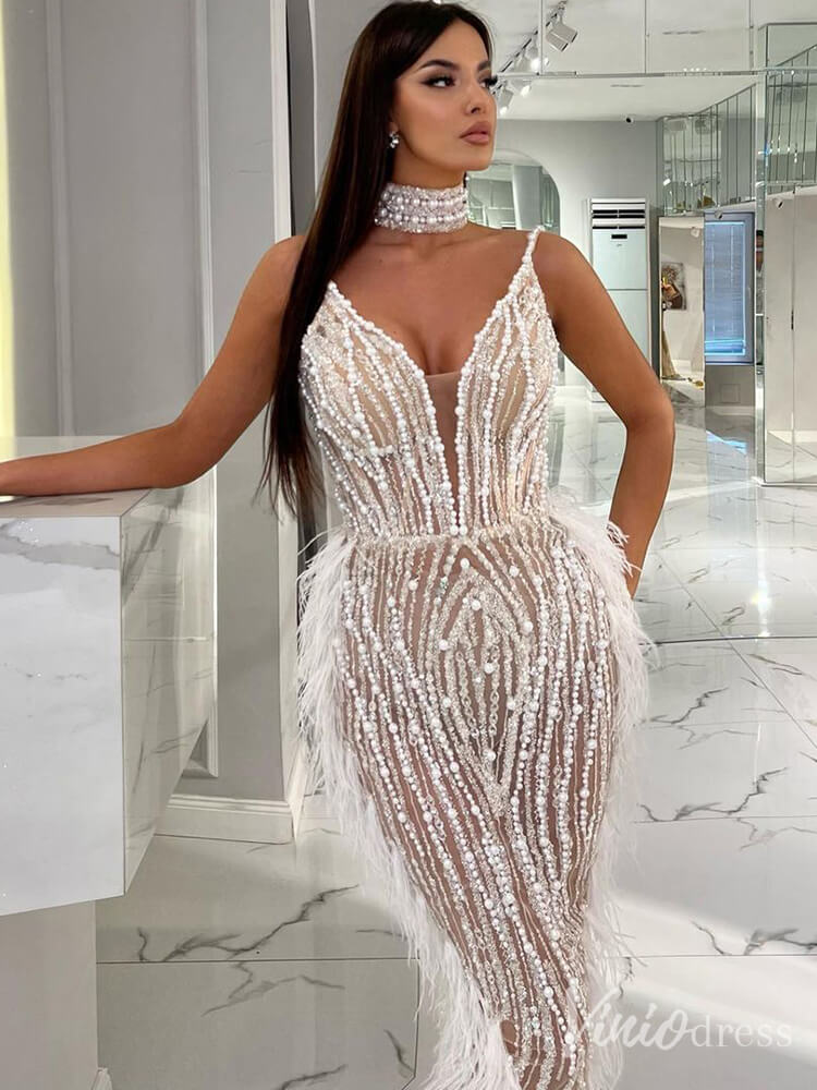 Beaded Mermaid Feather Prom Dresses 1920s Evening Dress Spaghetti Strap 20067-Evening Dresses 2025 -Viniodress-As Picture-US 2-