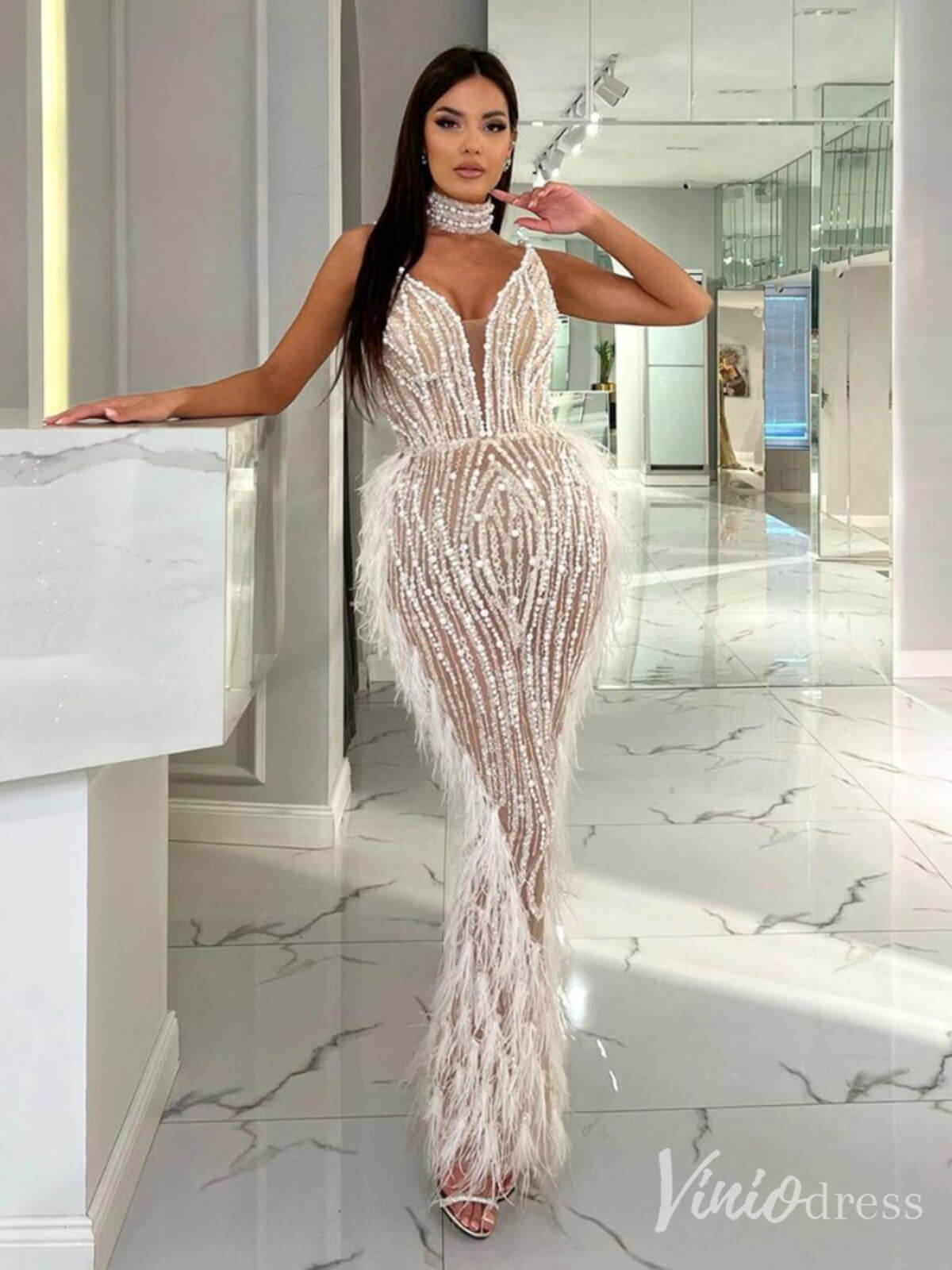 Beaded Mermaid Feather Prom Dresses 1920s Evening Dress Spaghetti Strap 20067-Evening Dresses 2025 -Viniodress-As Picture-US 2-