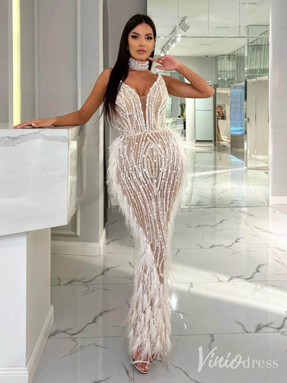 Beaded Mermaid Feather Prom Dresses 1920s Evening Dress Spaghetti Strap 20067-Evening Dresses 2025 -Viniodress-As Picture-US 2-