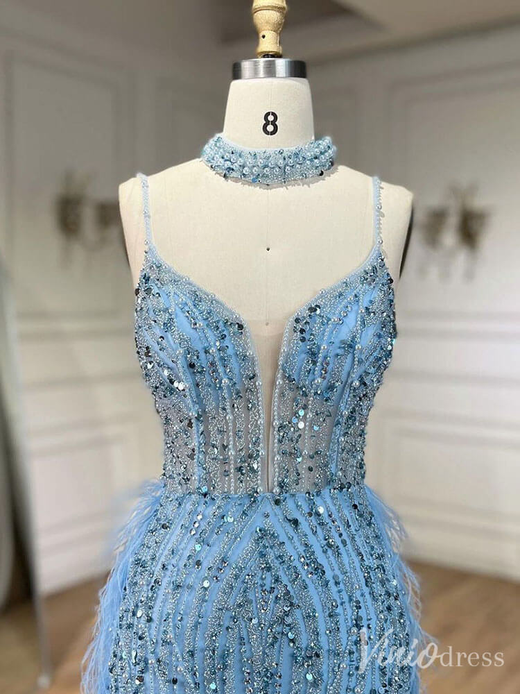Beaded Mermaid Feather Prom Dresses 1920s Evening Dress Spaghetti Strap 20067-Evening Dresses 2025 -Viniodress-As Picture-US 2-