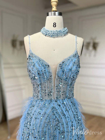 Beaded Mermaid Feather Prom Dresses 1920s Evening Dress Spaghetti Strap 20067-Evening Dresses 2025 -Viniodress-As Picture-US 2-