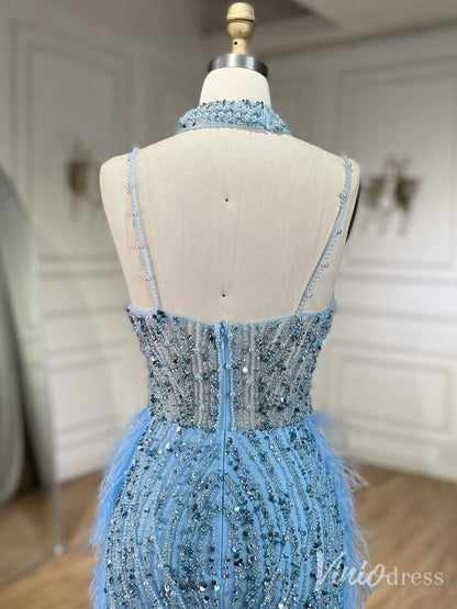 Beaded Mermaid Feather Prom Dresses 1920s Evening Dress Spaghetti Strap 20067-Evening Dresses 2025 -Viniodress-As Picture-US 2-