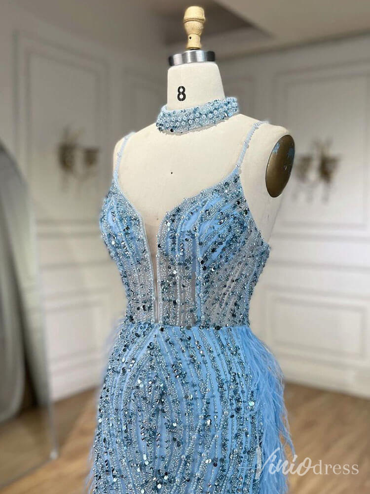 Beaded Mermaid Feather Prom Dresses 1920s Evening Dress Spaghetti Strap 20067-Evening Dresses 2025 -Viniodress-As Picture-US 2-