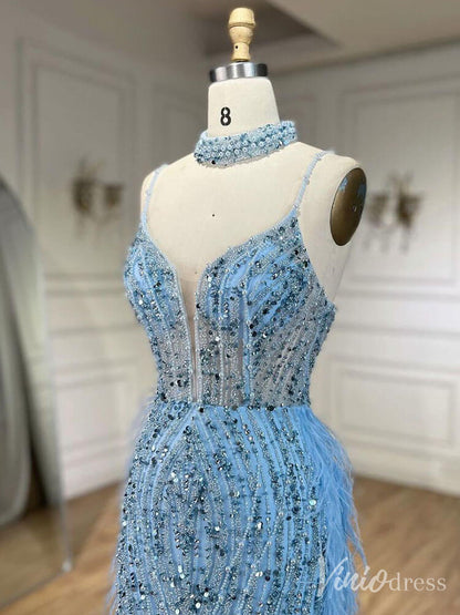 Beaded Mermaid Feather Prom Dresses 1920s Evening Dress Spaghetti Strap 20067-Evening Dresses 2025 -Viniodress-As Picture-US 2-