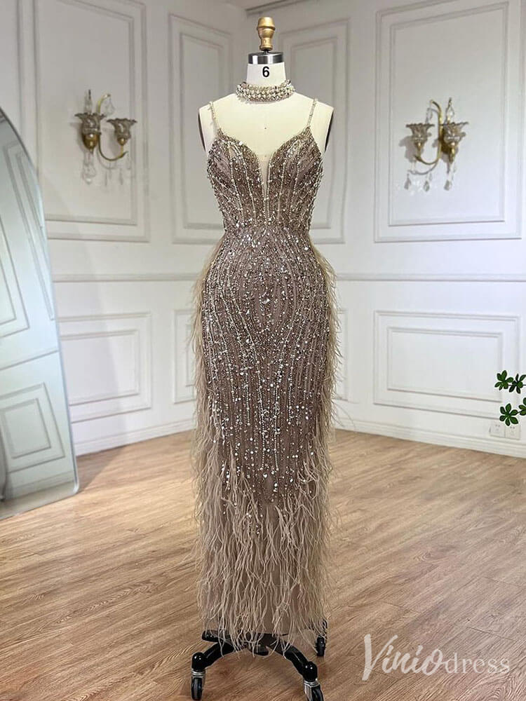 Beaded Mermaid Feather Prom Dresses 1920s Evening Dress Spaghetti Strap 20067-Evening Dresses 2025 -Viniodress-Khaki-US 2-