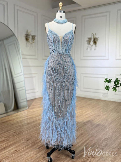 Beaded Mermaid Feather Prom Dresses 1920s Evening Dress Spaghetti Strap 20067-Evening Dresses 2025 -Viniodress-Light Blue-US 2-