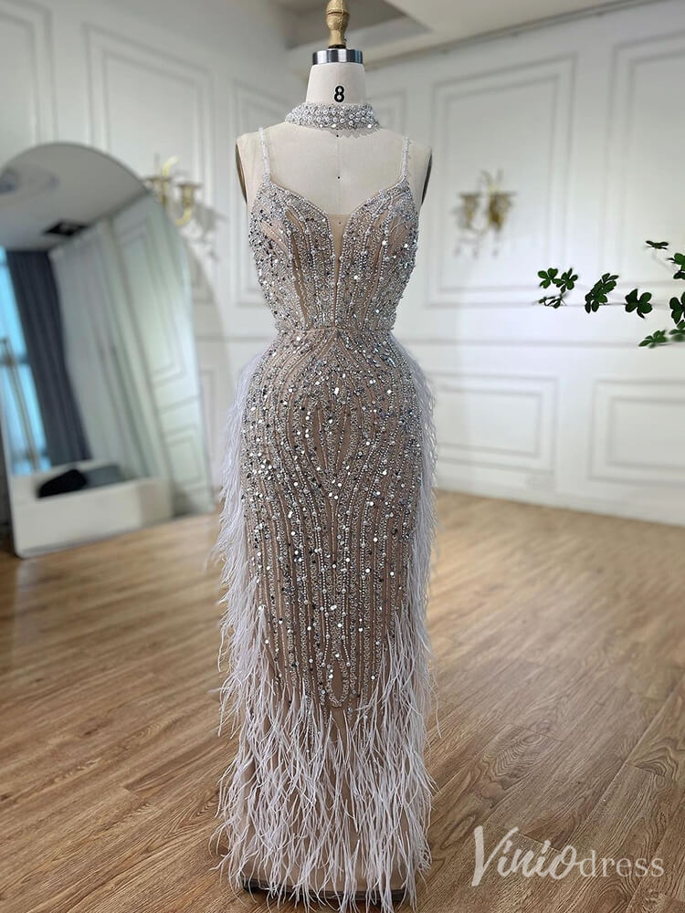 Prom Dress 2025 Beaded Mermaid Feather Prom Dresses 1920s Evening Dress Spaghetti Strap 20067-unique prom dresses-Ivory-US 2-Viniodress