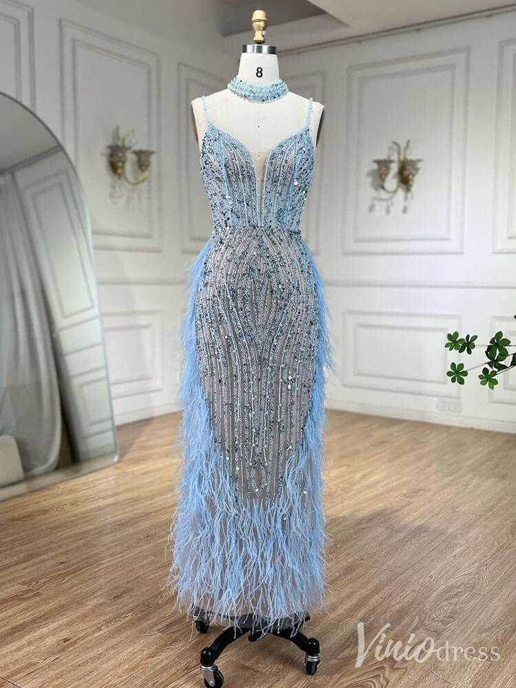 Prom Dress 2025 Beaded Mermaid Feather Prom Dresses 1920s Evening Dress Spaghetti Strap 20067-unique prom dresses-Light Blue-US 2-Viniodress