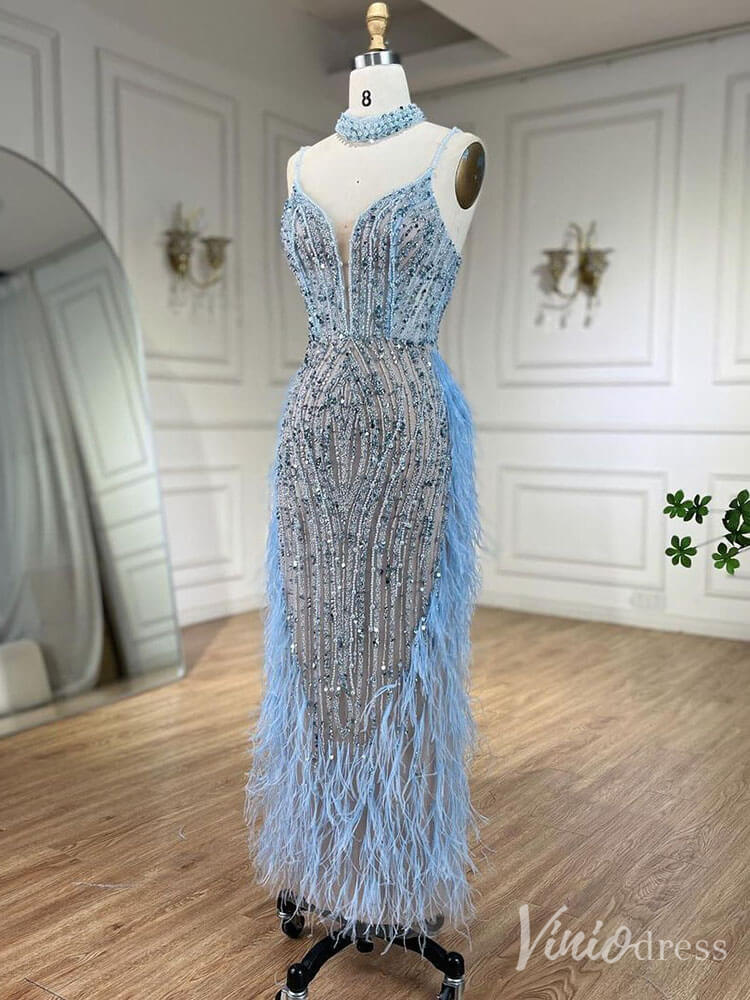 Beaded Mermaid Feather Prom Dresses 1920s Evening Dress Spaghetti Strap 20067-prom dresses-Viniodress-Viniodress