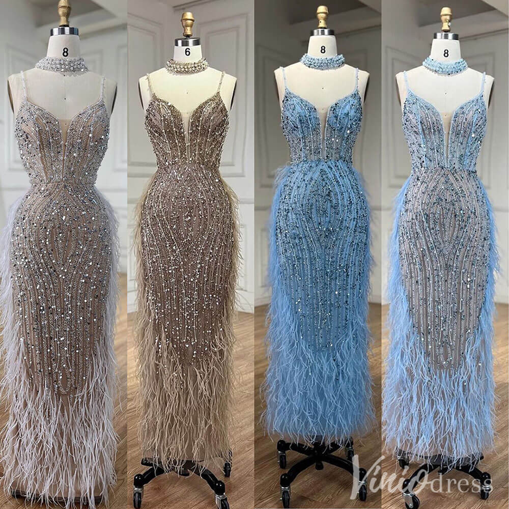 Beaded Mermaid Feather Prom Dresses 1920s Evening Dress Spaghetti Strap 20067-prom dresses-Viniodress-Viniodress