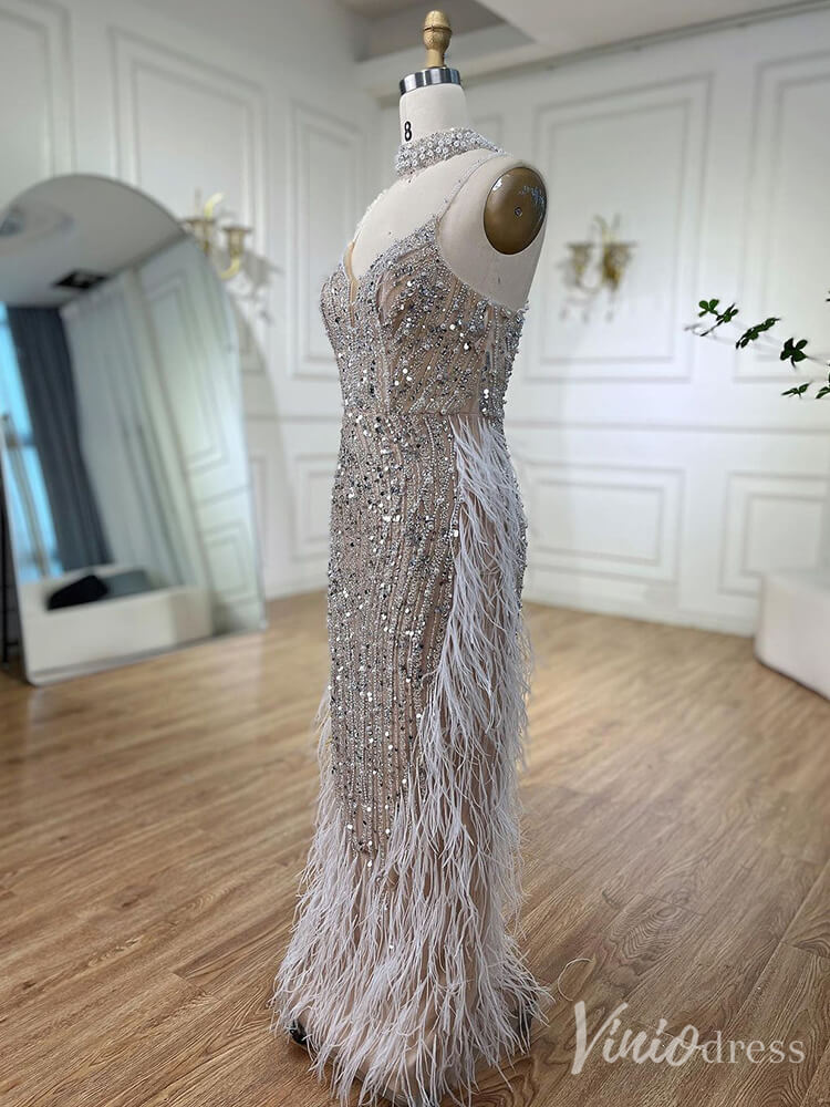 Beaded Mermaid Feather Prom Dresses 1920s Evening Dress Spaghetti Strap 20067-prom dresses-Viniodress-Viniodress