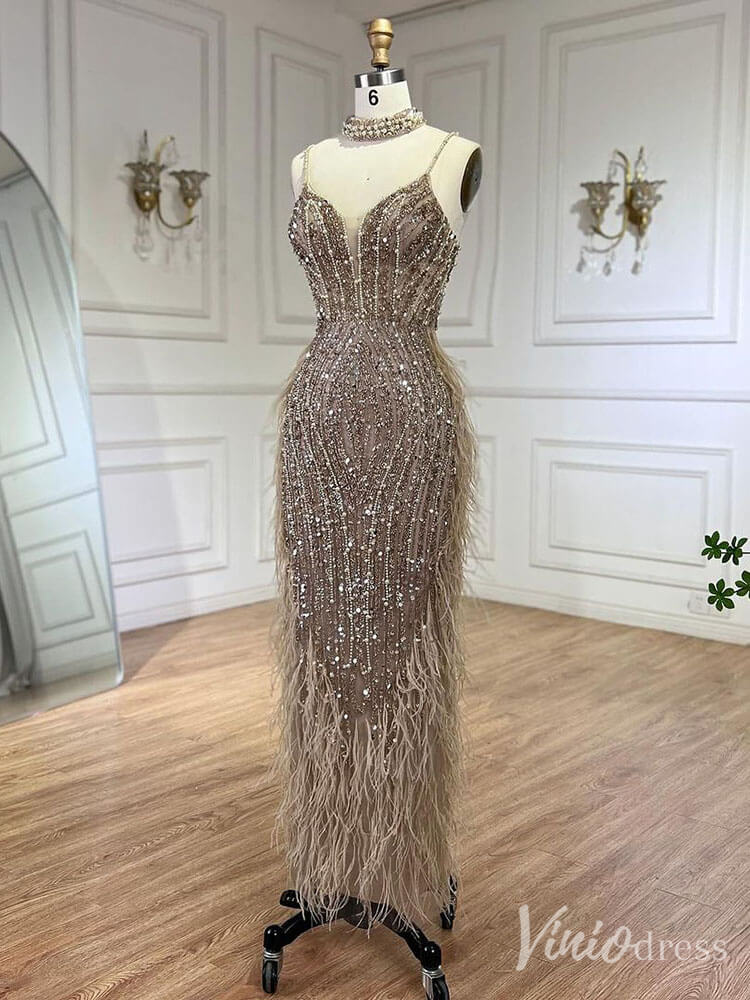 Beaded Mermaid Feather Prom Dresses 1920s Evening Dress Spaghetti Strap 20067-prom dresses-Viniodress-Viniodress