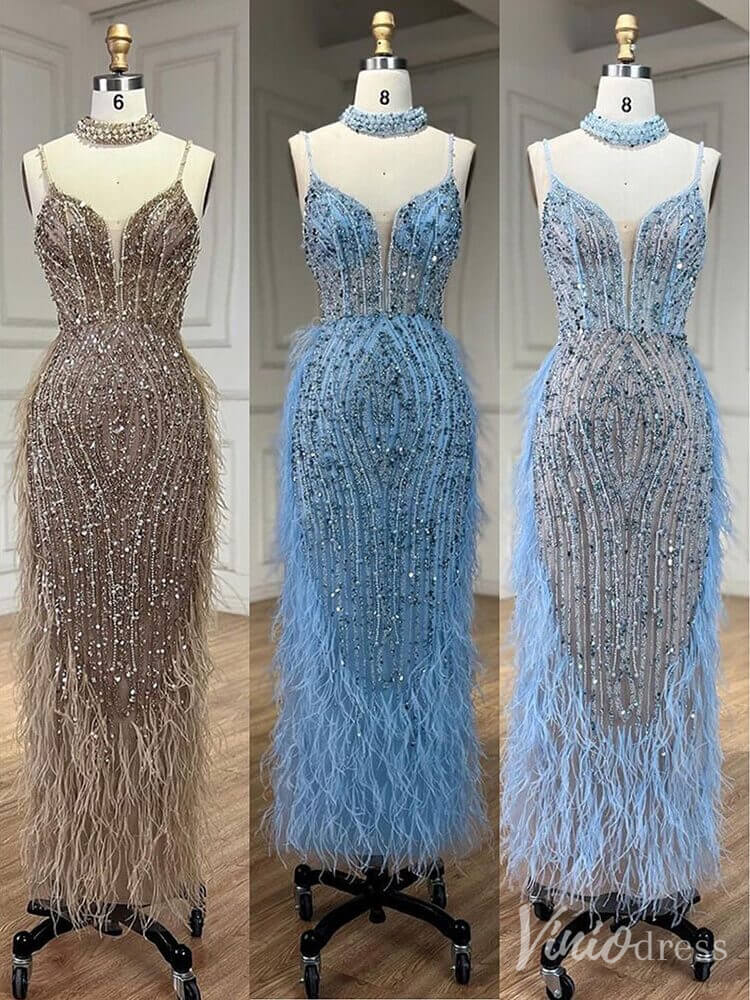 Beaded Mermaid Feather Prom Dresses 1920s Evening Dress Spaghetti Strap 20067-prom dresses-Viniodress-As Picture-US 2-Viniodress