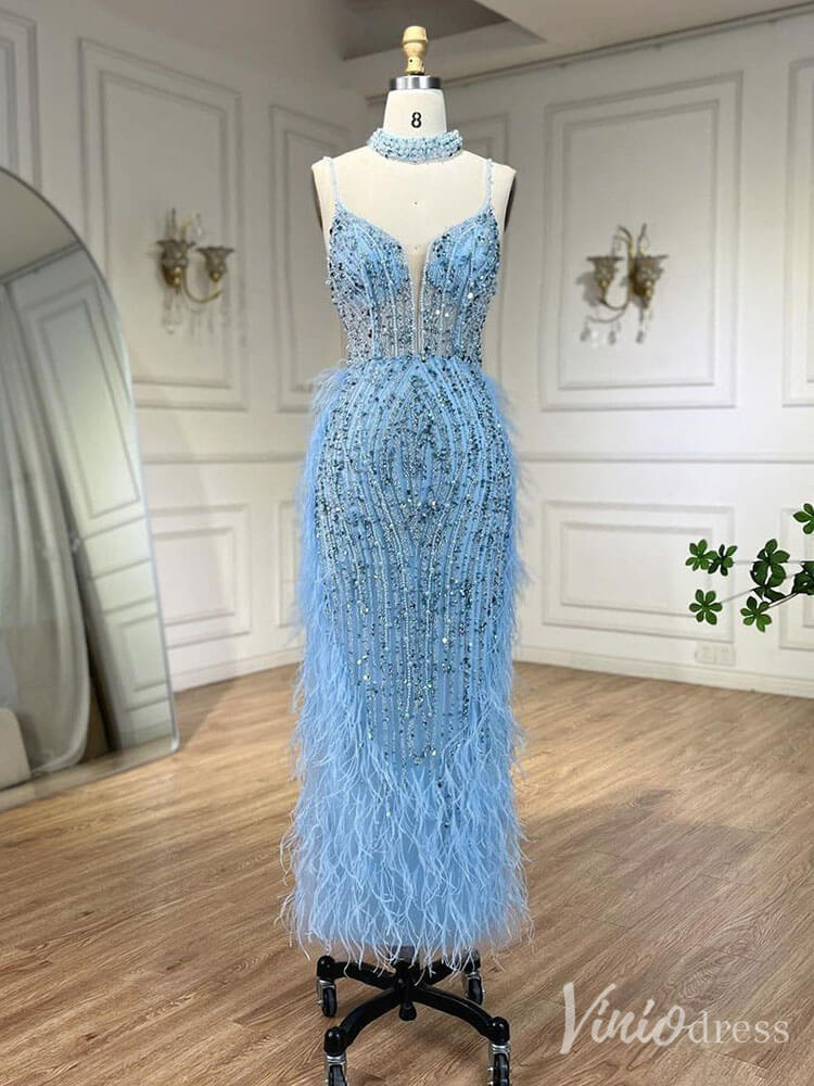 Beaded Mermaid Feather Prom Dresses 1920s Evening Dress Spaghetti Strap 20067-prom dresses-Viniodress-Blue-US 2-Viniodress