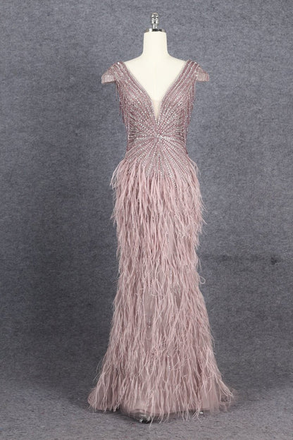 Beaded Mermaid Feather Prom Dresses Beaded 1920s Flapper Dress AD1249-Evening Dresses 2025 -Viniodress-Mauve-US 2-