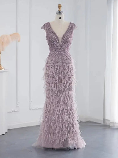 Beaded Mermaid Feather Prom Dresses Beaded 1920s Flapper Dress AD1249-Evening Dresses 2025 -Viniodress-Pink-US 2-