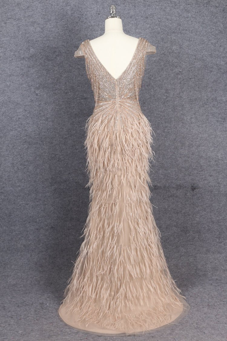 Beaded Mermaid Feather Prom Dresses Beaded 1920s Flapper Dress AD1249-Evening Dresses 2025 -Viniodress-Taupe-US 2-