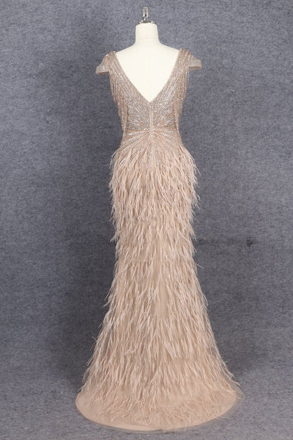 Beaded Mermaid Feather Prom Dresses Beaded 1920s Flapper Dress AD1249-Evening Dresses 2025 -Viniodress-Taupe-US 2-