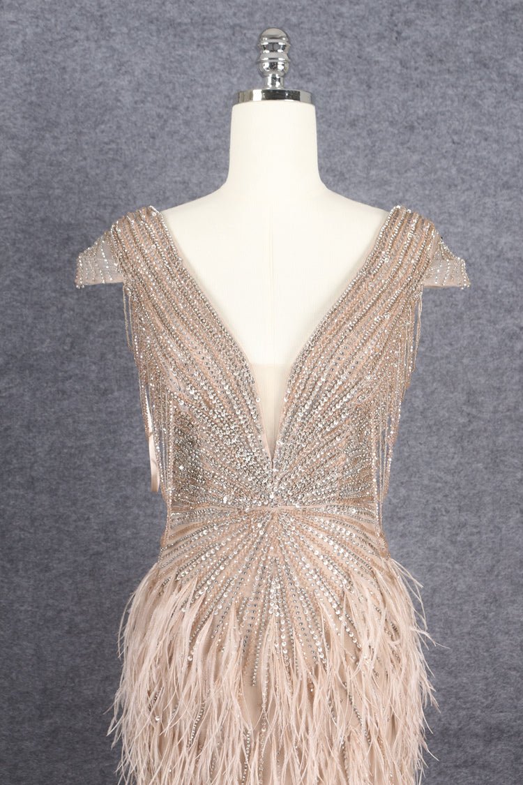 Beaded Mermaid Feather Prom Dresses Beaded 1920s Flapper Dress AD1249-Evening Dresses 2025 -Viniodress-Taupe-US 2-