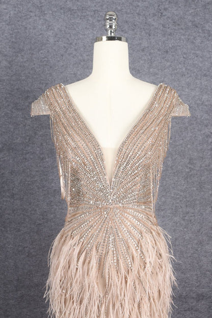 Beaded Mermaid Feather Prom Dresses Beaded 1920s Flapper Dress AD1249-Evening Dresses 2025 -Viniodress-Taupe-US 2-