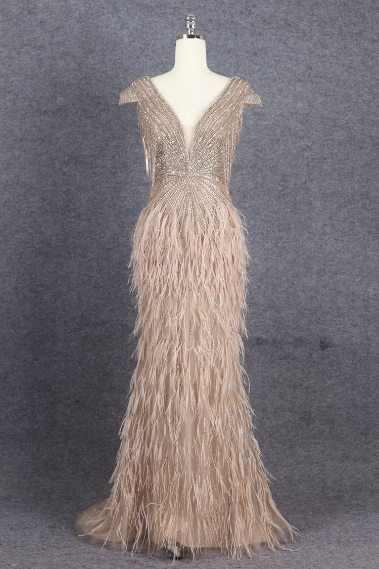 Beaded Mermaid Feather Prom Dresses Beaded 1920s Flapper Dress AD1249-Evening Dresses 2025 -Viniodress-Taupe-US 2-