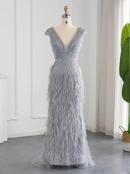Beaded Mermaid Feather Prom Dresses Beaded 1920s Flapper Dress AD1249-Evening Dresses 2025 -Viniodress-Grey-US 2-