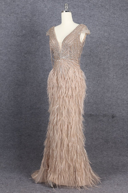 Beaded Mermaid Feather Prom Dresses Beaded 1920s Flapper Dress AD1249-Evening Dresses 2025 -Viniodress-Taupe-US 2-