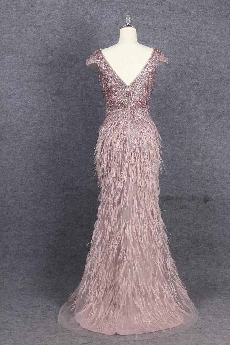 Beaded Mermaid Feather Prom Dresses Beaded 1920s Flapper Dress AD1249-Evening Dresses 2025 -Viniodress-Taupe-US 2-