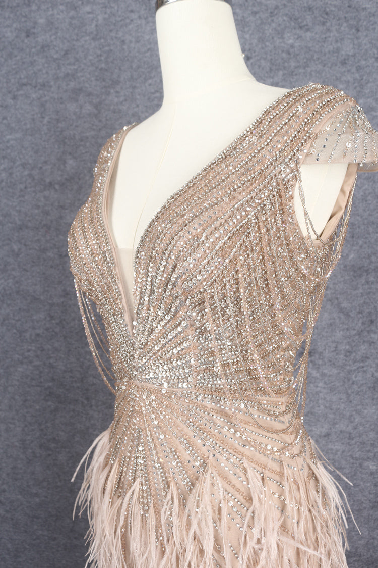 Prom Dress 2025 Beaded Mermaid Feather Prom Dresses Sleeveless V-Neck Pageant Dress AD1249-unique prom dresses-Taupe-US 2-Viniodress