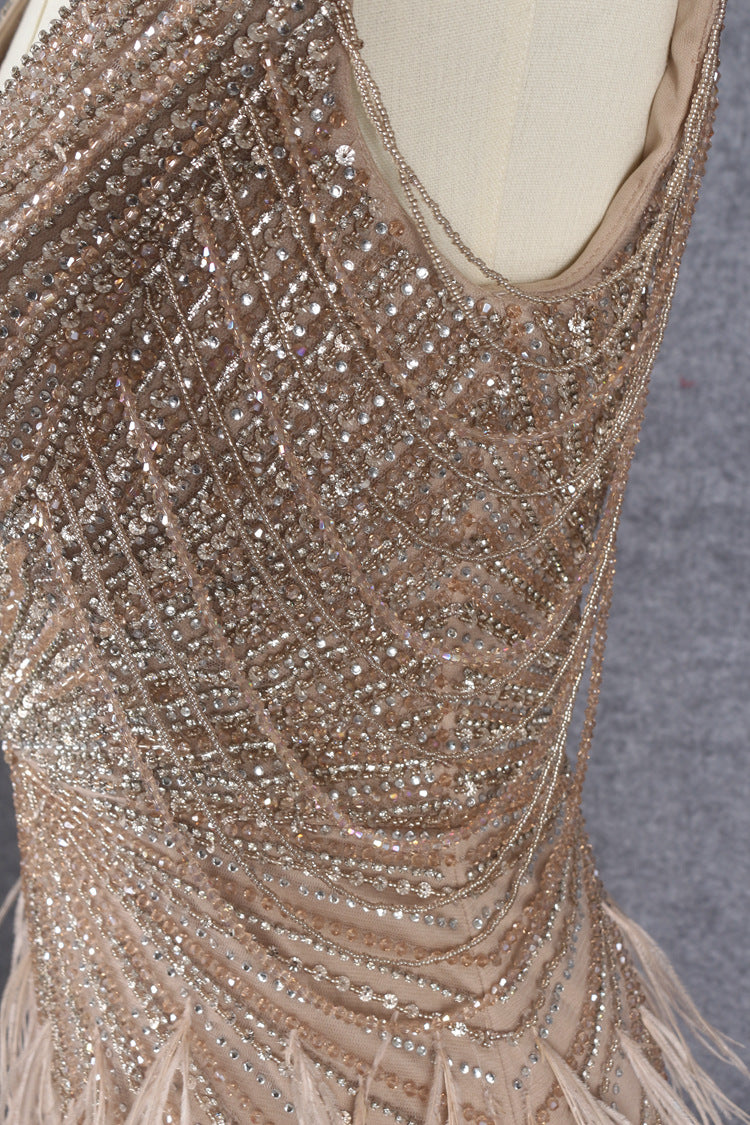 Prom Dress 2025 Beaded Mermaid Feather Prom Dresses Sleeveless V-Neck Pageant Dress AD1249-unique prom dresses-Taupe-US 2-Viniodress