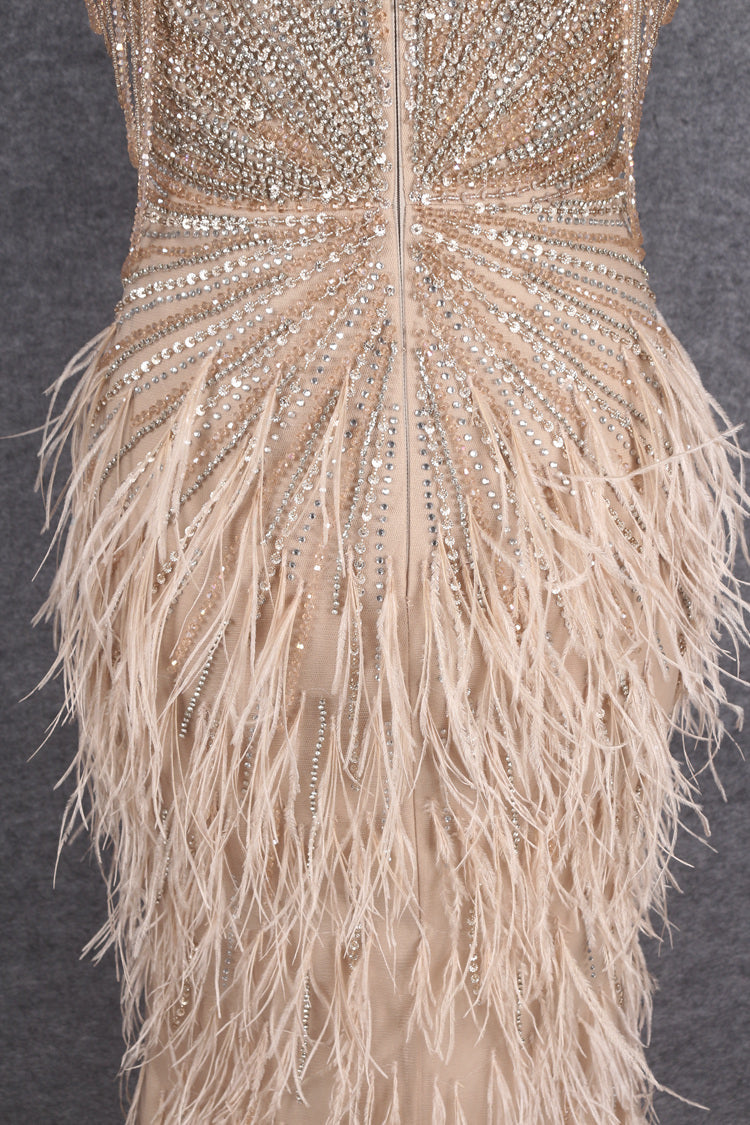 Prom Dress 2025 Beaded Mermaid Feather Prom Dresses Sleeveless V-Neck Pageant Dress AD1249-unique prom dresses-Taupe-US 2-Viniodress