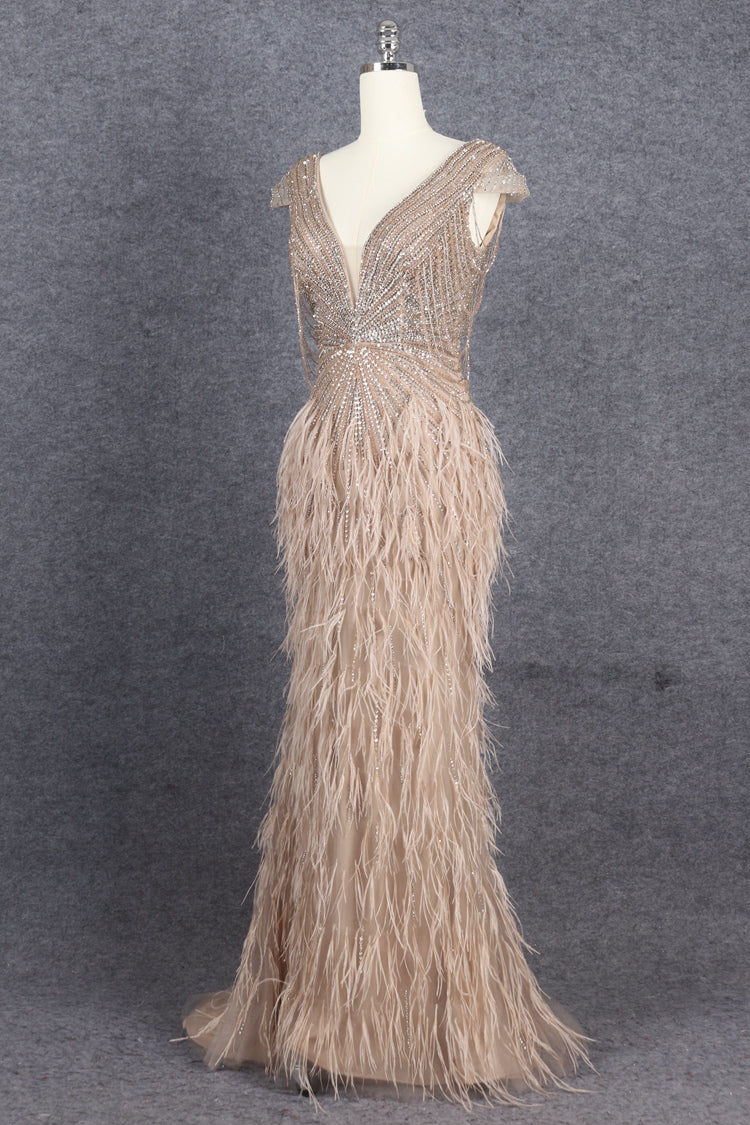 Prom Dress 2025 Beaded Mermaid Feather Prom Dresses Sleeveless V-Neck Pageant Dress AD1249-unique prom dresses-Taupe-US 2-Viniodress