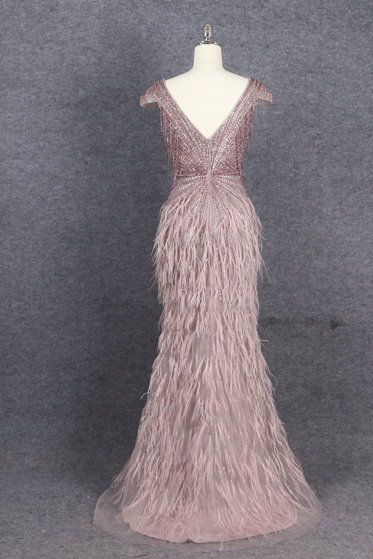 Prom Dress 2025 Beaded Mermaid Feather Prom Dresses Sleeveless V-Neck Pageant Dress AD1249-unique prom dresses-Taupe-US 2-Viniodress