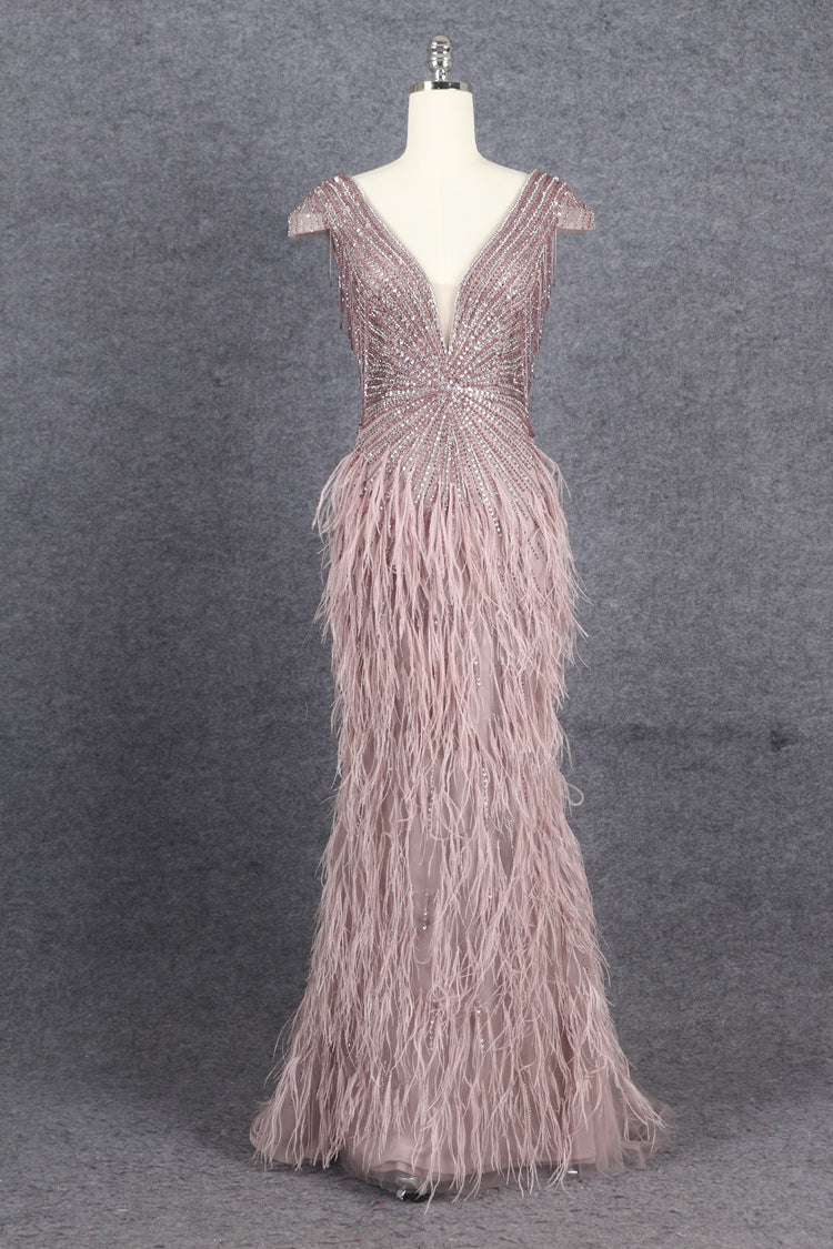 Prom Dress 2025 Beaded Mermaid Feather Prom Dresses Sleeveless V-Neck Pageant Dress AD1249-unique prom dresses-Mauve-US 2-Viniodress