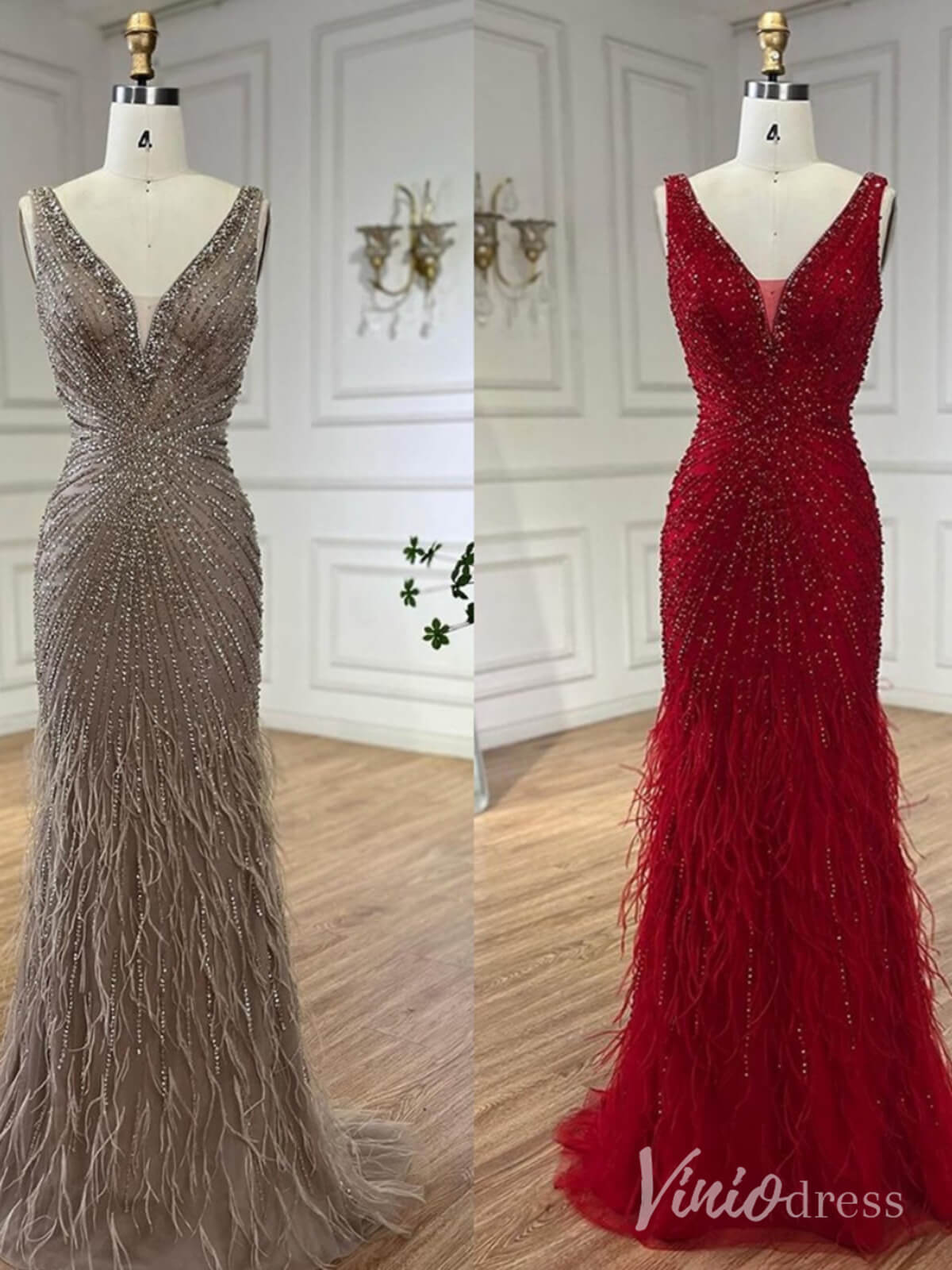 Beaded Mermaid Feather Prom Dresses Sleeveless V-Neck Pageant Dress AD1249-prom dresses-Viniodress-Khaki-US 2-Viniodress