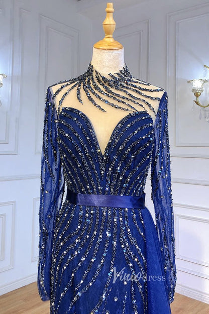 Beaded Mermaid Formal Dresses Long Sleeve High Neck Pageant Dress FD3002-Evening Dresses 2025 -Viniodress-Emerald Green-US 2-