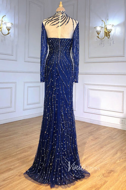 Beaded Mermaid Formal Dresses Long Sleeve High Neck Pageant Dress FD3002-Evening Dresses 2025 -Viniodress-Emerald Green-US 2-